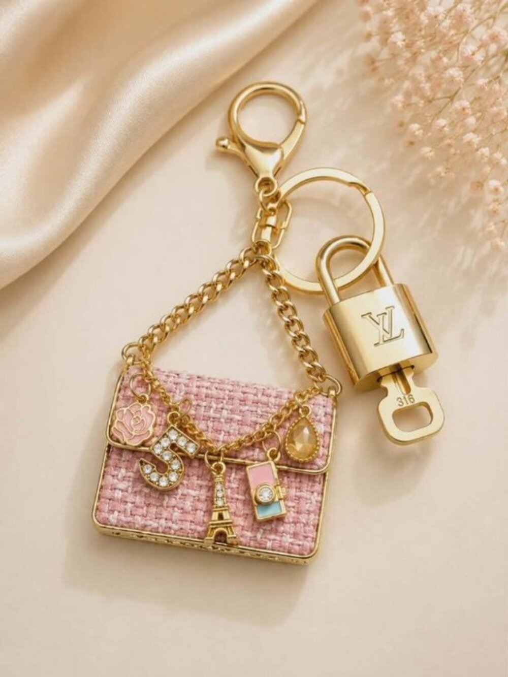 Authentic Louis Vuitton Gold Padlock 🔒 Key Set w/ Unbranded Tweed Bag Charm